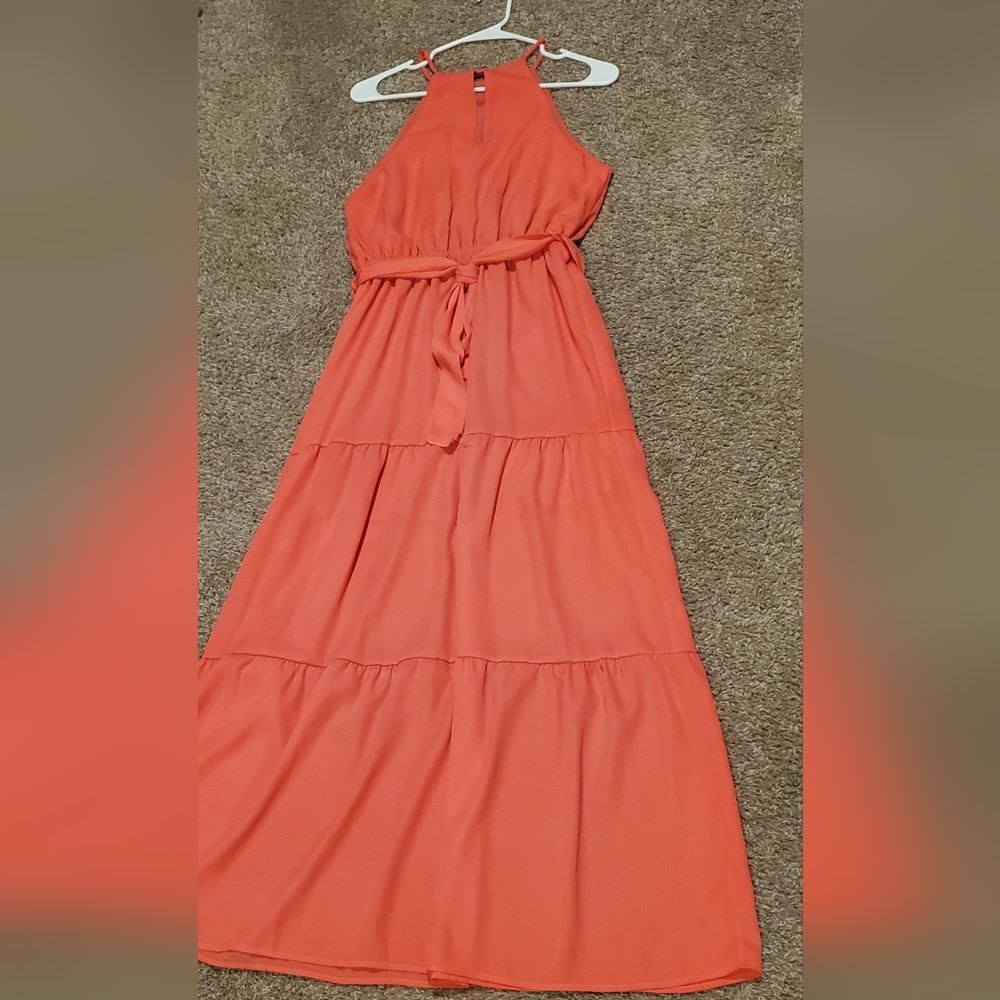 NWOT Bright Coral Sleeveless Flowy Maxi Dress With Tie - Picture 2 of 6